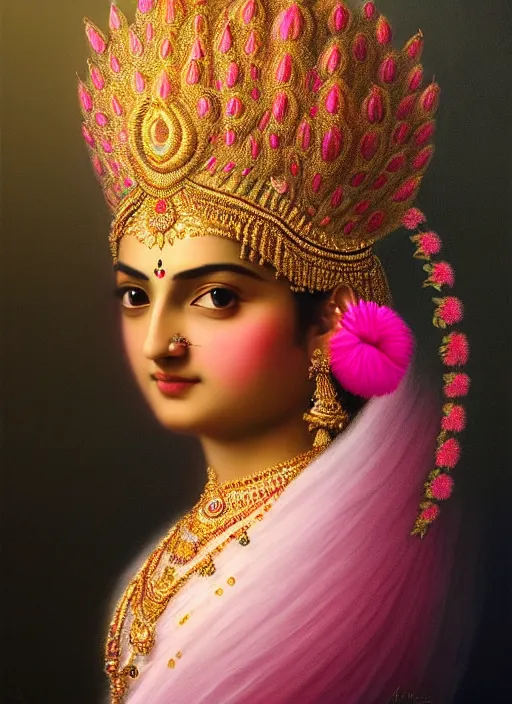 Image similar to stunning indian godess princess, detailed pink and white protea head peace against a black backdrop by ivan aivazovsky, 3 / 4 view portrait, wlop, super sharp details, photorealism, canon 5 d, 5 0 mm lens, stunning photoshot, beautiful soft lighting, muted colours, artstation