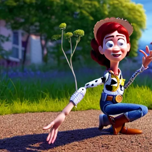 Prompt: a pixar 3 d character, a beautiful and mad canadian woman, on her knees, pulling weeds out frantically, some grey hair, stripey pants, octane render, 8 k, toy story,