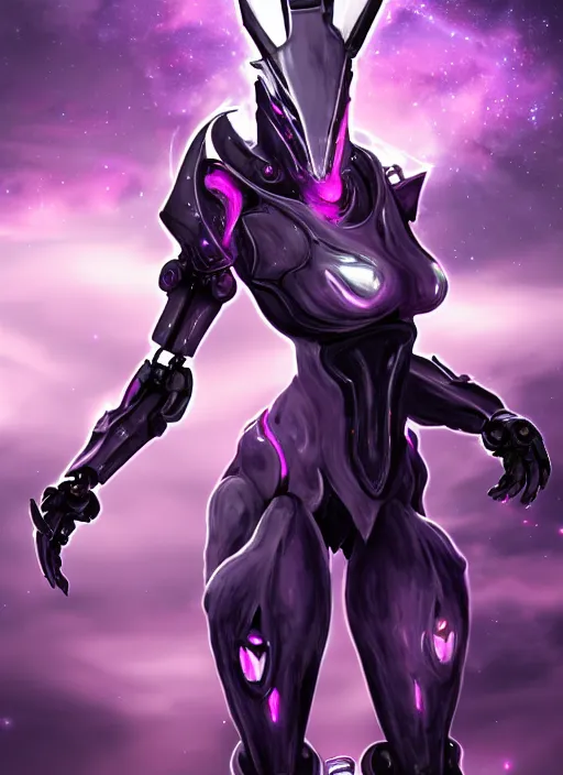 Prompt: cinematic bust shot, cosmic sized proportional stunning beautiful hot female warframe, detailed robot mecha female dragon head, metal ears purple eyes, sleek silver armor, fuschia skin, floating in empty space, nebula sized, posing elegantly, epic proportions, epic size, epic scale, furry art, dragon art, giantess art, warframe fanart, furaffinity, deviantart