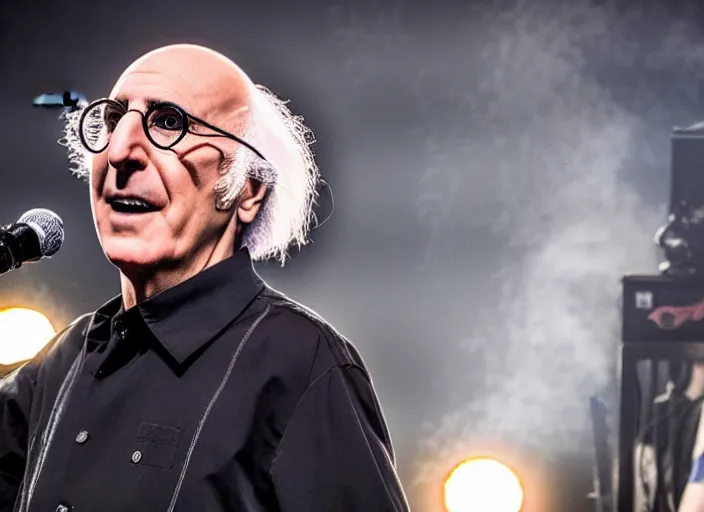 Image similar to publicity photo still of larry david touring with slipknot live on stage, 8 k, live concert lighting, mid shot