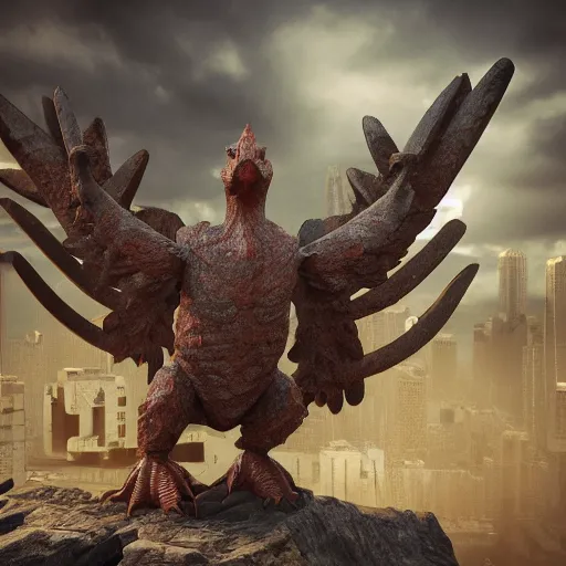 Prompt: evil steel chicken kaiju fights wooden angel kaiju, epic scale, hyper detailed, photorealistic, octane render, trending at cgstation, rule of thirds, 8 k.