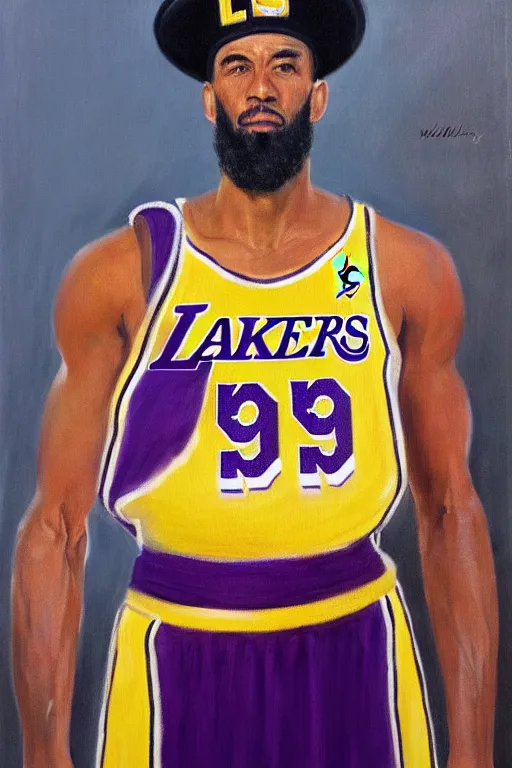 Image similar to full body portrait of the dictator of the los angeles lakers, 1 9 5 5, in full military garb, oil on canvas by william sidney mount, trending on artstation