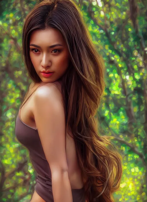 Image similar to photo of a gorgeous female in the style of stefan kostic, realistic, professionally, half body shot, sharp focus, 8 k high definition, insanely detailed, intricate, elegant, art by stanley lau and artgerm, bokeh foliage