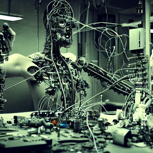 Image similar to a man trapped in a cyborg repair factory, being dissembled by robotic arms, all around are body parts, circuit boards, wires, biomech,, panavision