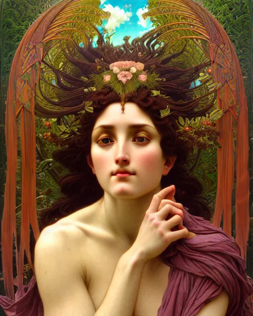 Image similar to goddess of nature, unusual beauty, emotionally evoking symbolic metaphors, head in focus, fantasy, ornamental, intricate, elegant, sensual, highly detailed digital painting, artstation, concept art, painterly, golden ratio, sharp focus, illustration, art by John William Godward and Rafael and Alphonse Mucha and Zdzisław Beksiński,