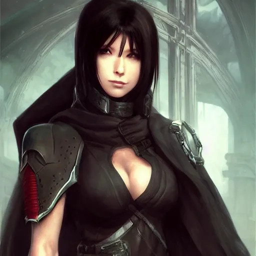 Image similar to tifa lockhart in destiny hunter armor, wearing a hooded cloak, beautiful face!!!!, 2 7 years old, cg animation, realistic, character select portrait, by artgerm, greg rutkowski, alphonse mucha, 3 d