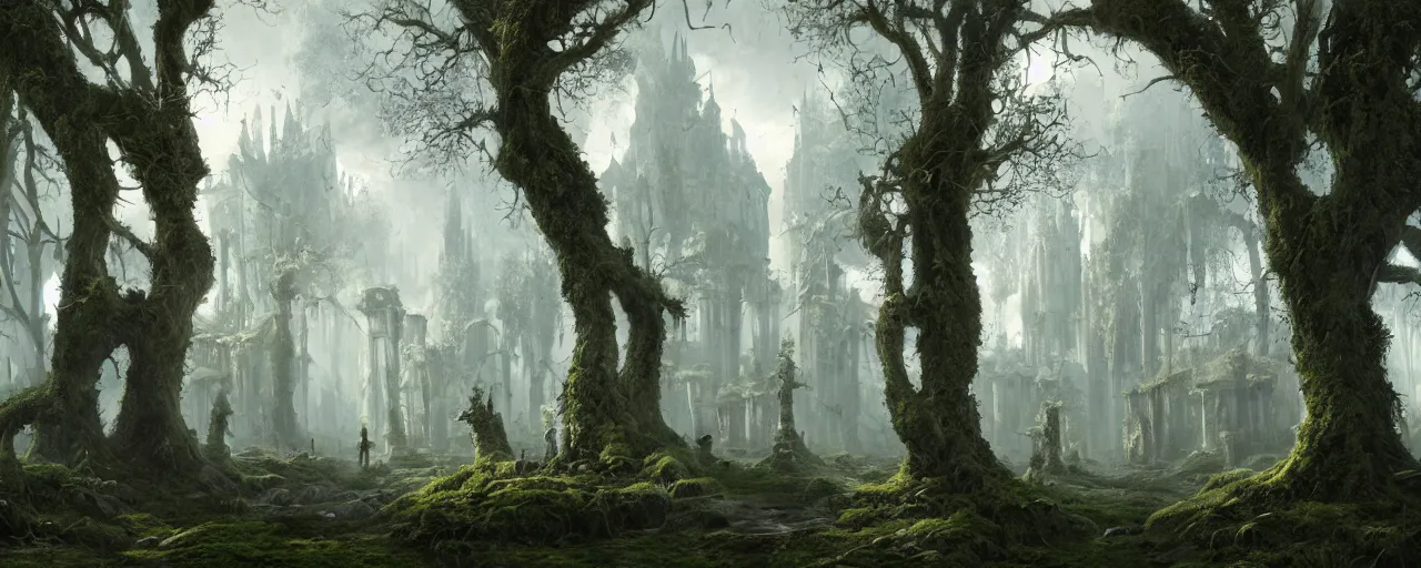 Prompt: a painting of a gothic medieval village in a mossy forest with giant trees, stunning intricate matte painting by senior environment artist, cgsociety, fantasy art