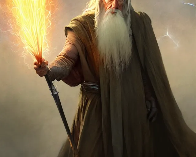 Prompt: handsome tattooed gandalf b wizard lightning magic spell vfx, diagonal spell vfx, fantasy game spell, fantasy epic digital art, by greg rutkowski, gaston bussiere, craig mullins, j. c. leyendecker, tom of finland