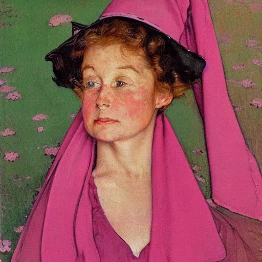Prompt: Frontal portrait of a pink witch. A painting by Norman Rockwell.