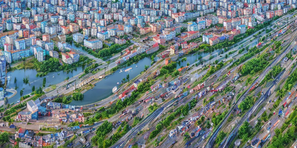 Image similar to bird's eye view photograph of a low income highrise Russian city, apartments, train station, pond, wide roads