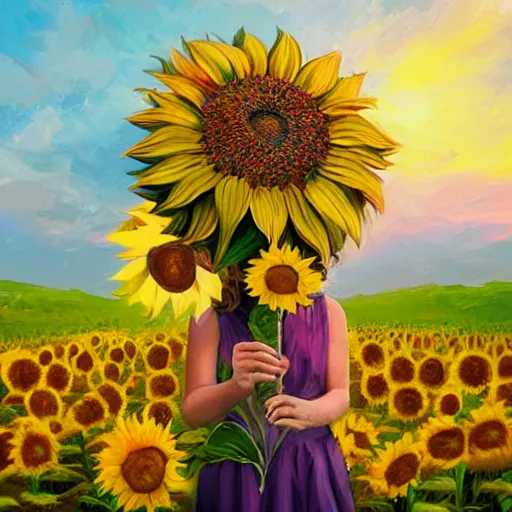 Prompt: giant sunflower head, portrait of girl in flower field, holding daisies, surreal photography, sunrise, impressionist painting, colorful clouds, digital painting, artstation, simon stalenhag, flower face