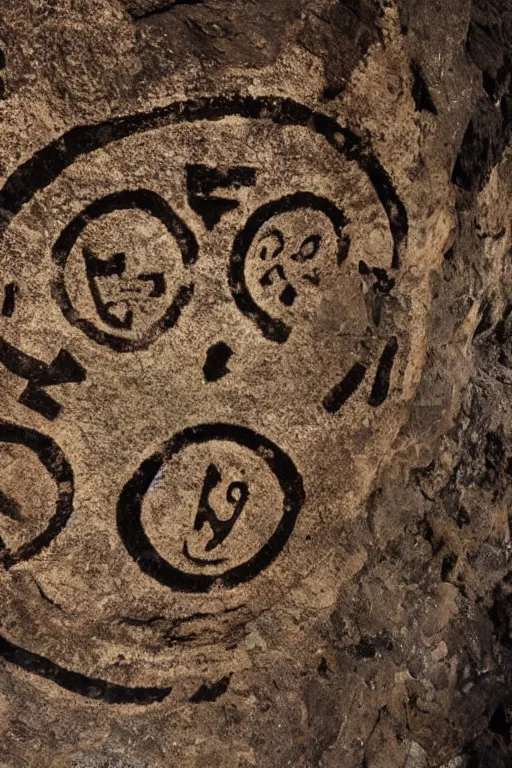 Image similar to 4 k photography of petroglyphs representing crosses, ufo, yin yang symbol on a cave