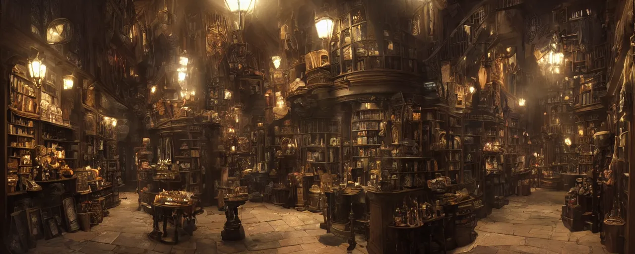 Image similar to most epic dramatic diagon alley magic store interior. epic cinematic hyperrealism masterpiece. realistic poster with shaded lighting by craig mallismo, artgerm, jeremy lipkin and michael garmash, unreal engine, radiant light, detailed and complex environment, digital art, art station trends