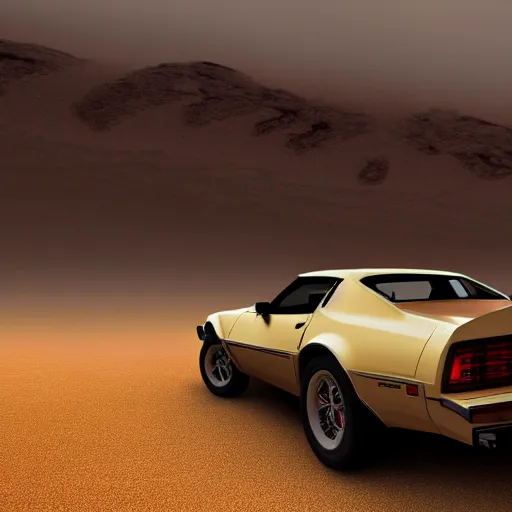 Image similar to hyperdetailed, photorealistic photograph of a 1 9 8 2 pontiac firebird trans - am driving in the desert, rain, night, dense fog, hd, unreal engine 5 by greg rutowski, by stanley artgerm, by alphonse mucha