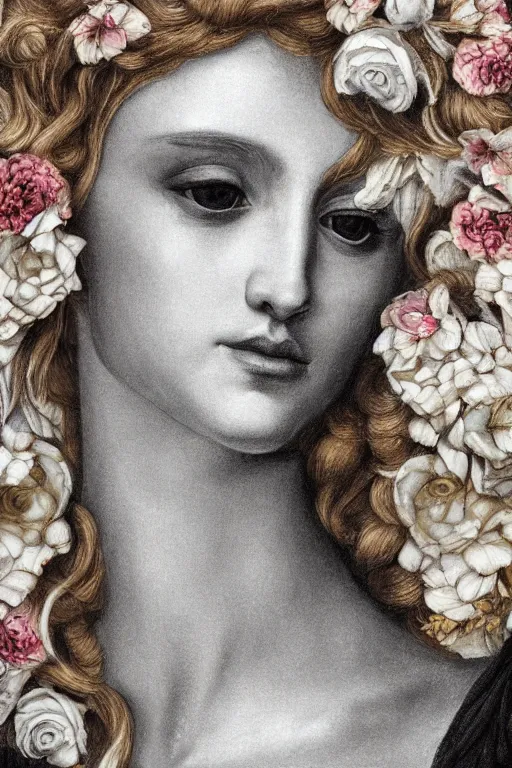 Prompt: hyperrealism close - up mythological portrait of a beautiful medieval woman's shattered face partially made of white color flowers in style of classicism using the fibonacci golden ratio, pale skin, red shadows on the eyes, wearing black silk robe, dark and dull palette