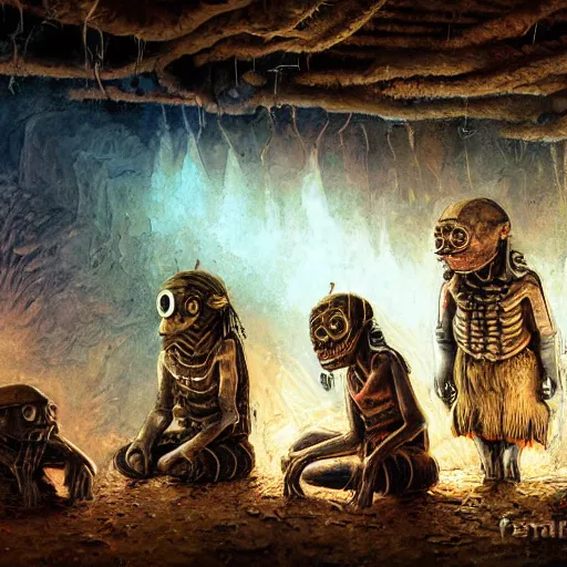 Image similar to primitive extraterrestrial villagers inside primitive hut, dramatic lighting, illustration, ron cobb, mike mignogna, science fiction, detailed painting, high detail, coherent, rough paper