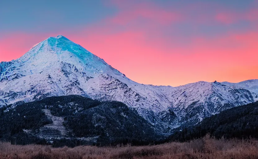 Prompt: photo of a snow topped mountain lit by the sunset