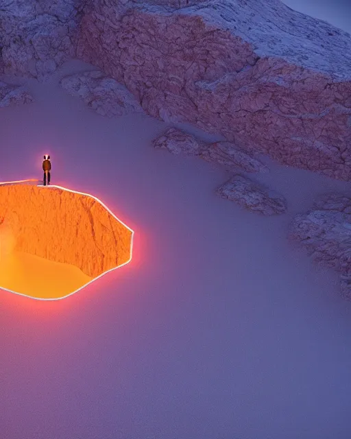 Image similar to a man standing in the middle of a mountain looking at a glowy shape, a render by filip hodas, behance contest winner, environmental art, rendered in cinema 4 d, volumetric lighting