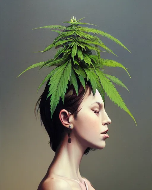 Image similar to an ultradetailed beautiful portrait panting of an anthropomorphic marihuana plant, front view, oil painting, by ilya kuvshinov, greg rutkowski and makoto shinkai