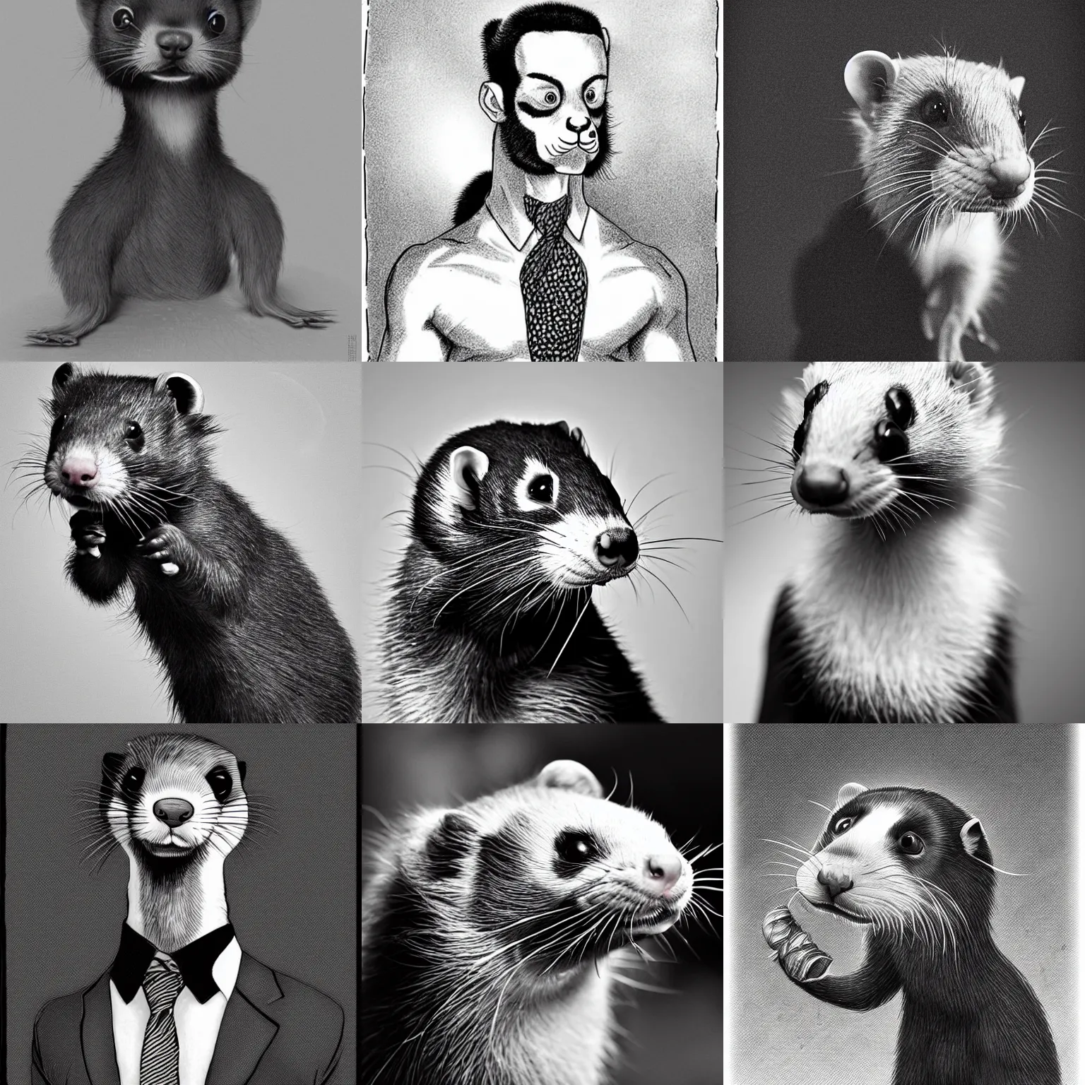 Prompt: An anthropomorphic gigachad ferret with a strong jawline, b&w