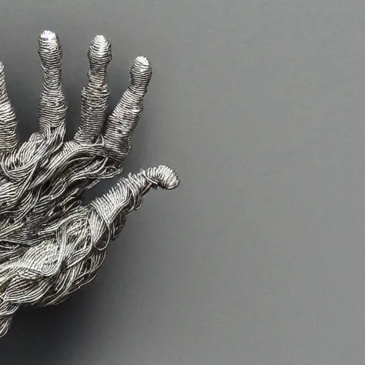 Prompt: realistic silver metal detailed wire sculpture of a human hand, intricate
