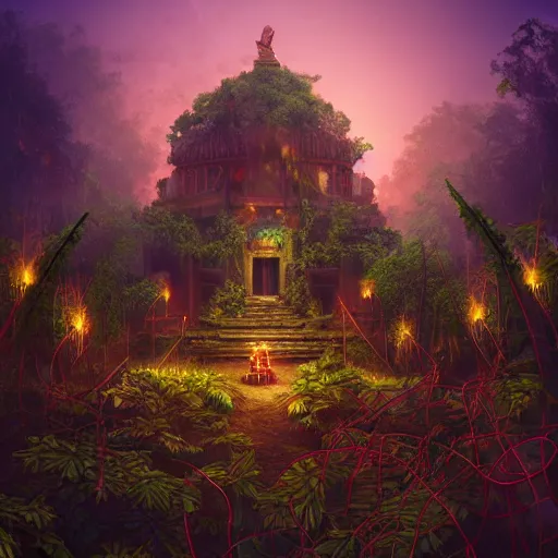 Image similar to a jungle temple surrounded by fireflies and vines, professional photo, professional lighting, instagram photo, trending on artstation, hdr