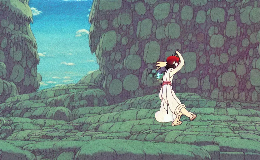 Image similar to a still from a studio ghibli movie of a magic carpet ride from princess mononoke ( 1 9 9 7 ), full body, wide shot, very dull muted colors, studio ghibli, highly detailed, deviantart, art by artgem