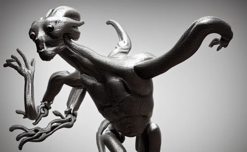 Image similar to stylized shiny polished silver statue full body extra limbs bizarre cosmic horror quadruped four legs made of marble of slug creature tendrils, perfect symmetrical body, perfect symmetrical face, hyper realistic, hyper detailed, by johannen voss, by michelangelo, octane render, blender, 8 k, displayed in pure white studio room