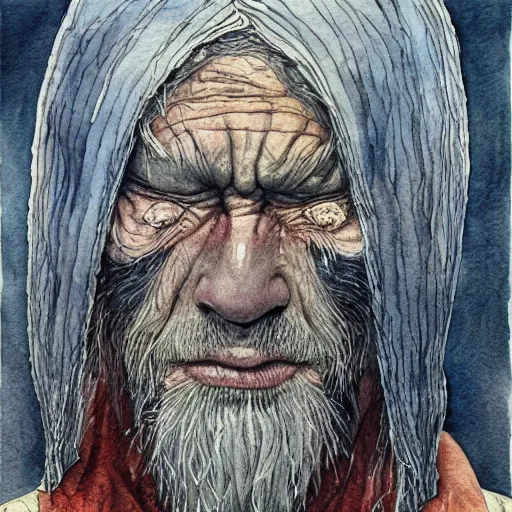 Image similar to very very very old shaman burns from the inside out, old gray haired mexican mage fire from inside, close his eyes with no pain, watercolor ink painting, in the style of jean giraud, in the style of moebius trending on artstation deviantart pinterest detailed realistic hd 8 k high resolution