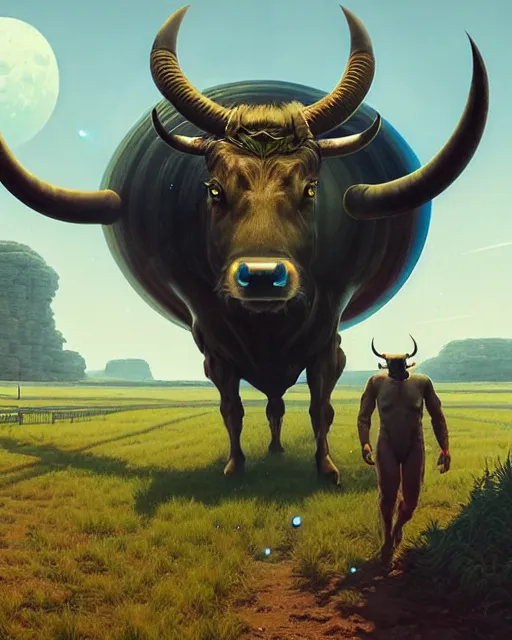 Image similar to highly detailed surreal vfx portrait of a futuristic minotaur in a rural farm with planets in background, stephen bliss, unreal engine, greg rutkowski, loish, rhads, beeple, makoto shinkai and lois van baarle, ilya kuvshinov, rossdraws, tom bagshaw, alphonse mucha, global illumination, detailed and intricate environment