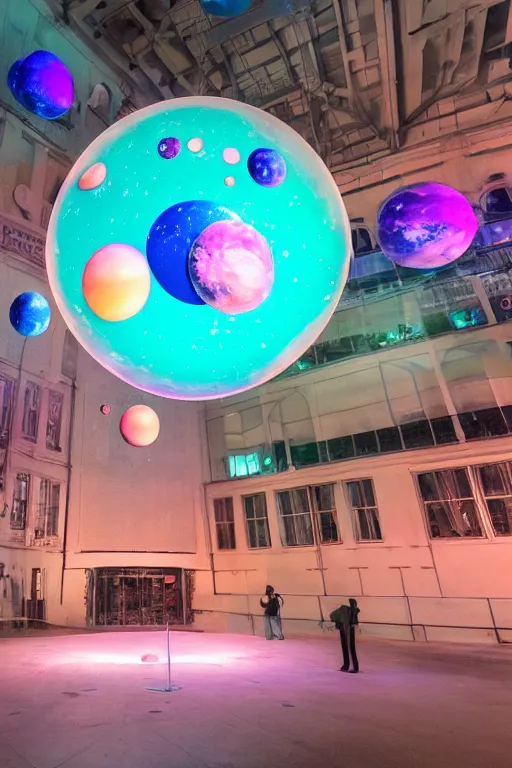 Prompt: public art installation about liquid planet in space. projected on big suspended sphere inside big and dark venue. interactive art by sila sveta