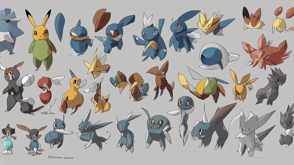 Prompt: New pokemon designs, character sheet, illustrations, studio Ghibli, pokémon, trending artstation, digital art, 8k, anime