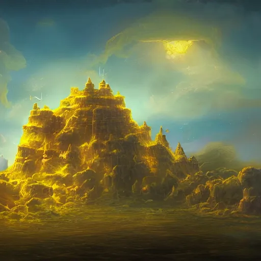 Image similar to a big fort made of glowing golden material, cosmic, surreal, photorealistic, clouds, oil painting, matte painting, 8 k,