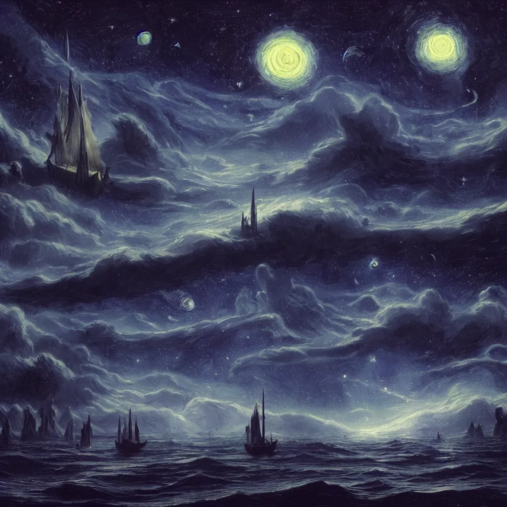 Image similar to matte painting. it's the way of a cosmic sailor, in a boat in the night, but the wolves are not scaring him, starry night, glow, beautiful milkyway, scary, sifi, deep space, dark cyberpunk