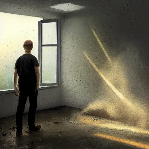 Image similar to high quality high detail painting by john salt, realistic peter griffin standing in a basement with concrete floor. light ray from a blurry window, floating dust, motion blur, gloomy, stippled walls, cinematic shot, epic, realistic, 4 k, perfectly defined features