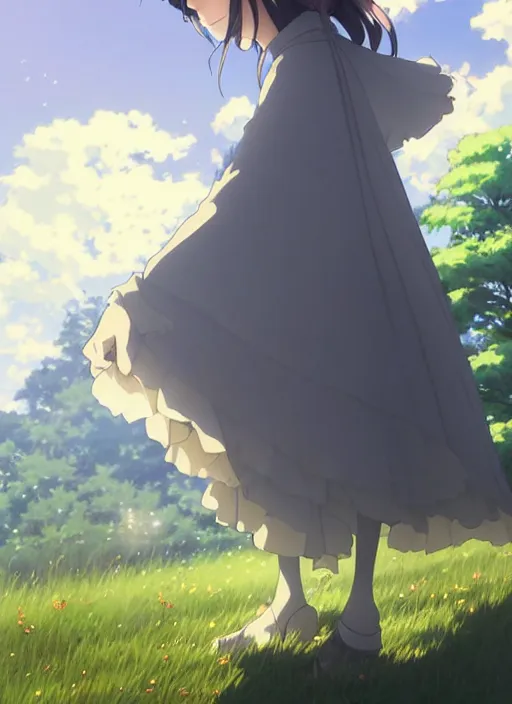 Image similar to Painting of a cottagecore witch in the style of Violet Evergarden, beautiful anime art style, winged eyelashes, countryside, calm, fantasy character portrait, dark outlines, dynamic pose, above view, sunny day, artwork by Makoto Shinkai, very coherent asymmetrical artwork, sharp edges, perfect face, simple form, 100mm