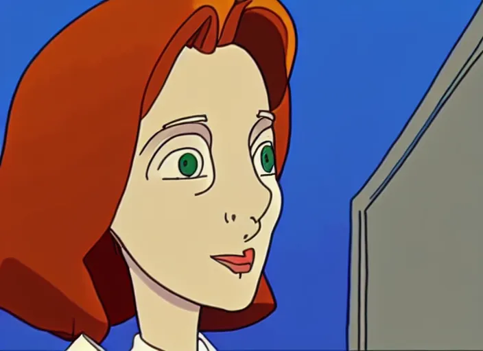 Image similar to an animation still of dana scully, in the style of studio ghibli, netflix animation, toei animation, filmation animation, traditional animation, sharp detail, animation cel