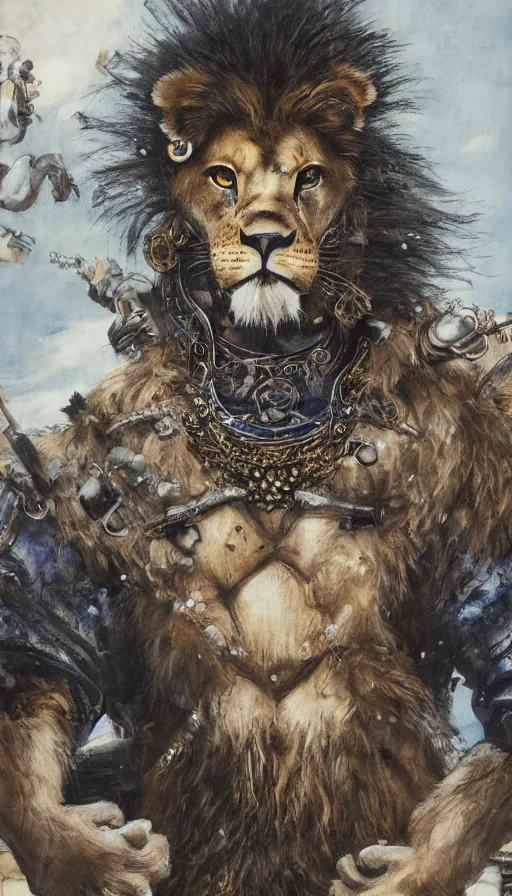 Prompt: 8 k yoshitaka amano painting of upper body of a young cool looking lion beastman with white mane at a medieval market at windy day. depth of field. he is wearing complex fantasy clothing. he has huge paws. renaissance style lighting.