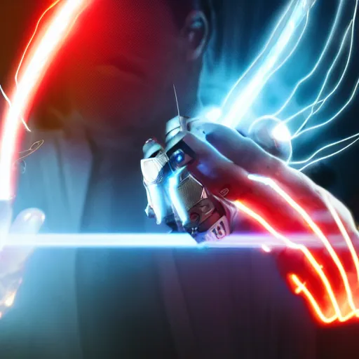 Prompt: a photo of a cyborg charging up an intense electromagnetic pulse with his hands, futuristic, action camera, 8k UHD