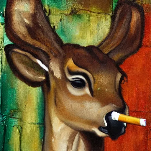 Prompt: deer with a cigarette in its mouth, artistic, painterly, expressive great contrast, brown and green, rule of thirds, dripping paint, thick strokes