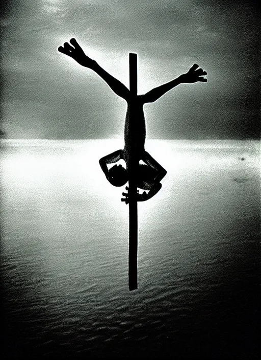 Image similar to “semitranslucent smiling frog vertically hovering over misty lake waters in crucifix pose, low angle, long cinematic shot by Andrei Tarkovsky, paranormal, eerie, mystical”