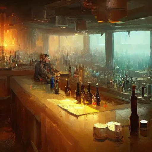 Image similar to the bar at the end of time by greg rutkowski