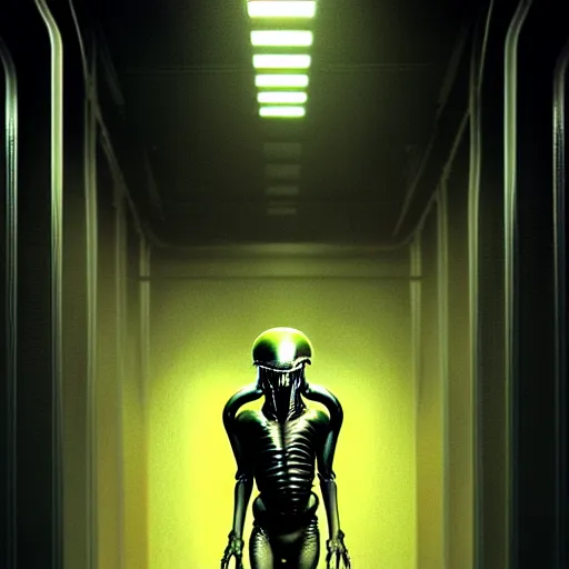 Prompt: black glossy xenomorph, alien movie, endless empty office building, pale yellow wallpaper, moist brown carpet, dim fluorescent lighting, artstation, ultra detailed, creepy, dramatic lighting, photorealistic, art by h. r. giger