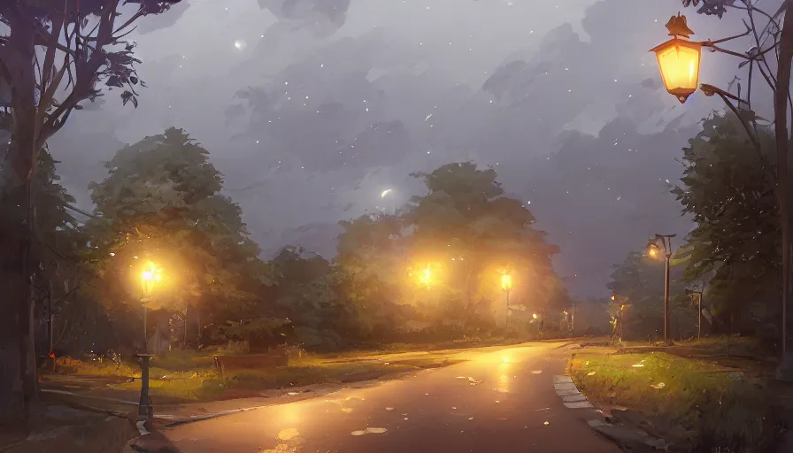 Image similar to a car on a countryside street. Street lamps, trees. By Makoto Shinkai, Stanley Artgerm Lau, WLOP, Rossdraws, James Jean, Andrei Riabovitchev, Marc Simonetti, krenz cushart, Sakimichan, trending on ArtStation, digital art.