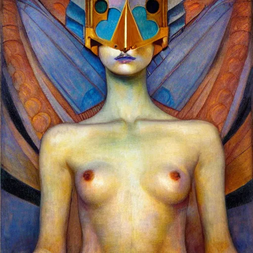 Image similar to the robot in her moth mask, by Annie Swynnerton and Diego Rivera, symbolist, dramatic lighting, elaborate geometric ornament, Art Deco,god rays, soft cool colors,smooth, sharp focus, extremely detailed, Adolf Wölfli