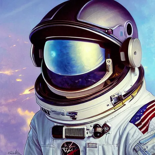 Image similar to a close up painting of an astronaut floating in space. his helmet visor is dark and reflective. you can see the reflection of the photographer in his helmet visor. by artgerm and greg rutkowski and alphonse mucha