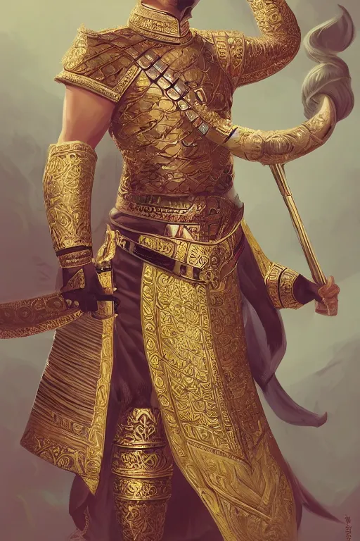 Image similar to full body portrait of king ramkamhaeng the great, thai warload, d & d, elegant, highly detailed, digital painting, artstation, concept art, smooth, sharp focus, illustration, art by thawan duchanee