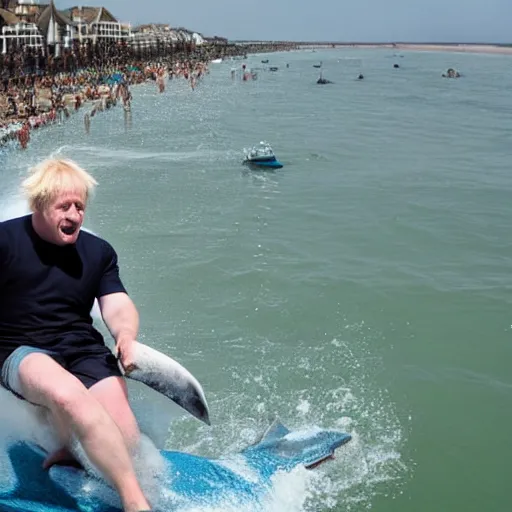 Image similar to boris johnson riding a shark at the beach