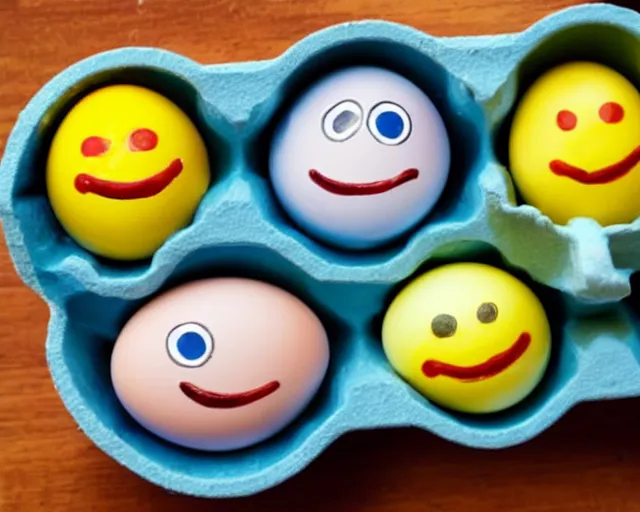 Prompt: eggs with happy faces on them. they are happy to be smoking. cracked