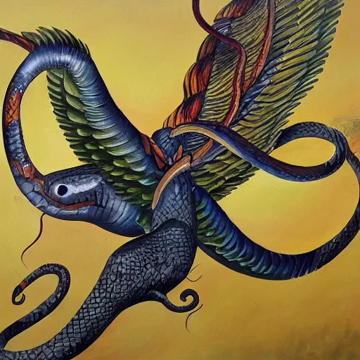 Prompt: flying snake with wings, oil painting, detailed, coherent like dalle-2